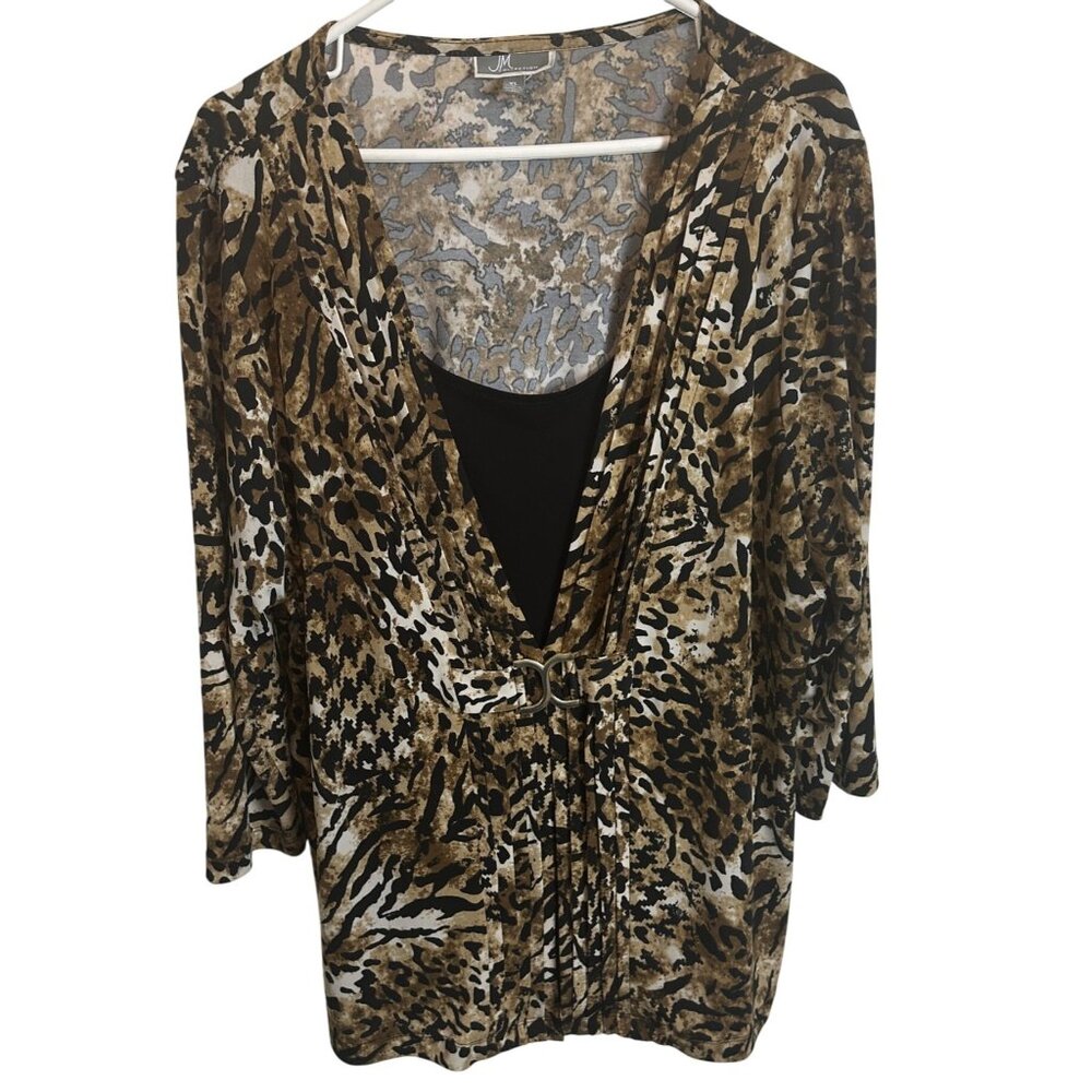 JM Collection XL Polyester Lined Animal Print Deep V-Neck Pull On Brown Black